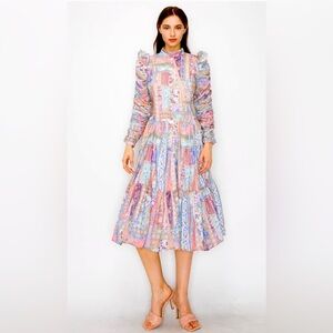 INA Victoria Ruffle Midi Bubble Dress in Lavender, Blue, Peach, Size Medium NWT
